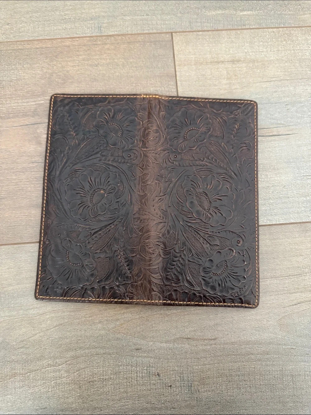 Hand-Tooled Brown Leather Wallet - Floral Design